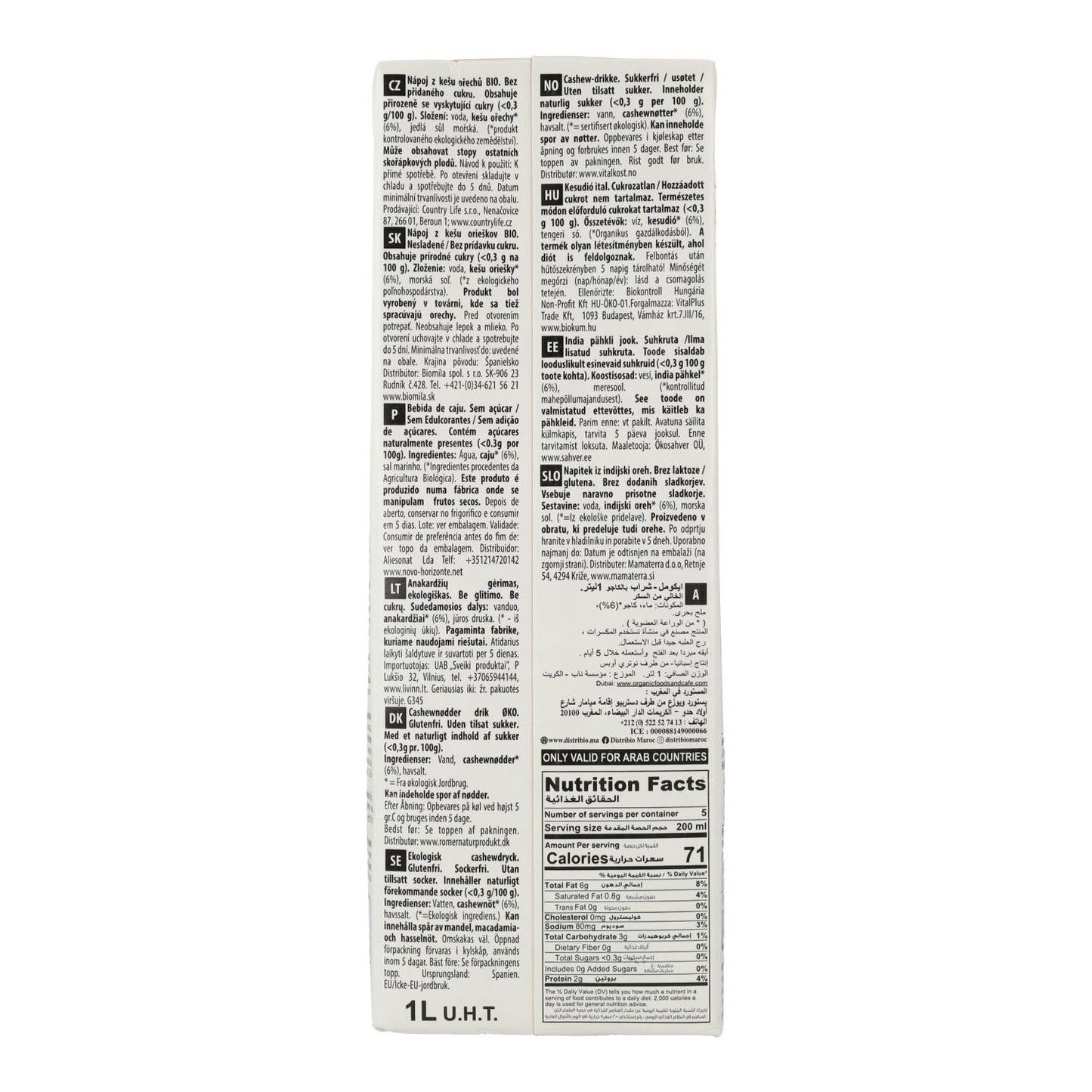 6er-Packung Cashew-Gemüsegetränk Nature Bio Ecomil 1 L