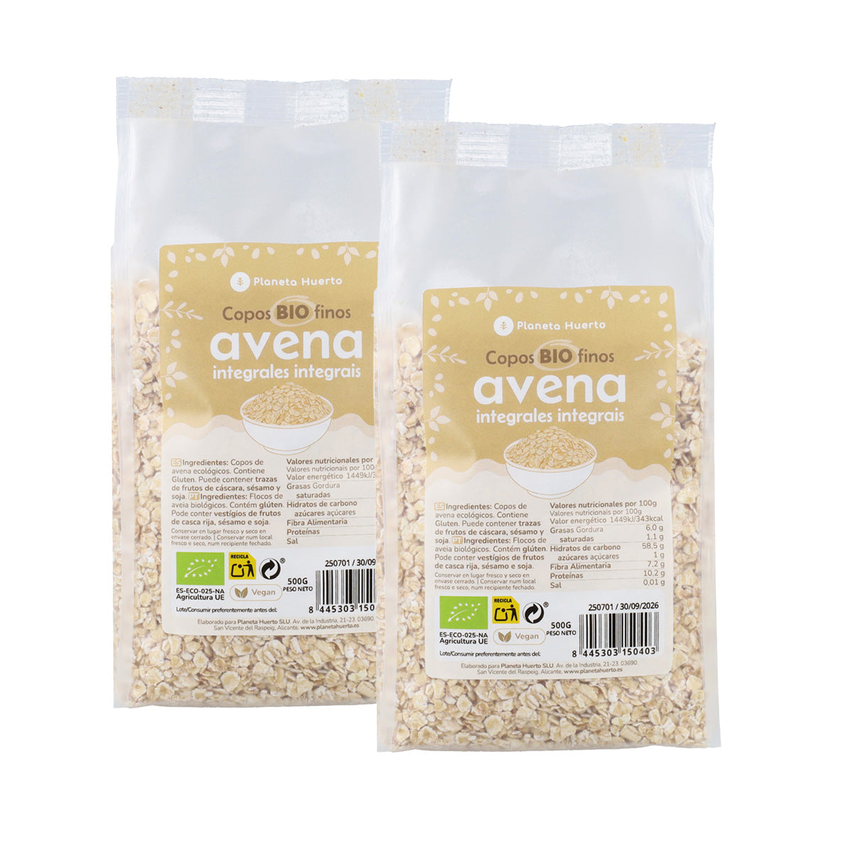 Packung 2x ECO Planeta Huerto 500 g feine Vollkornhaferflocken