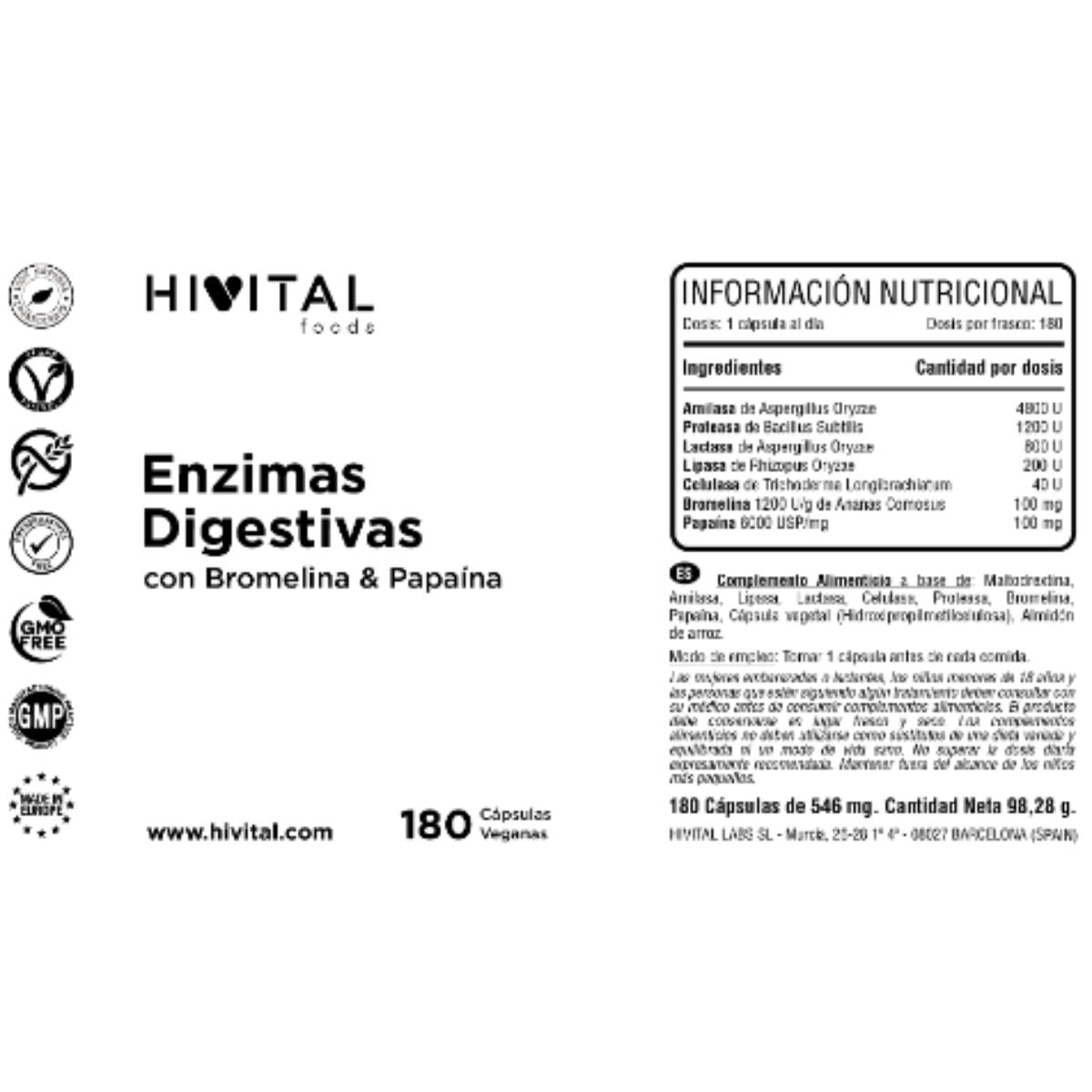 Enzymes digestives 180 gélules végétaliennes Hivital
