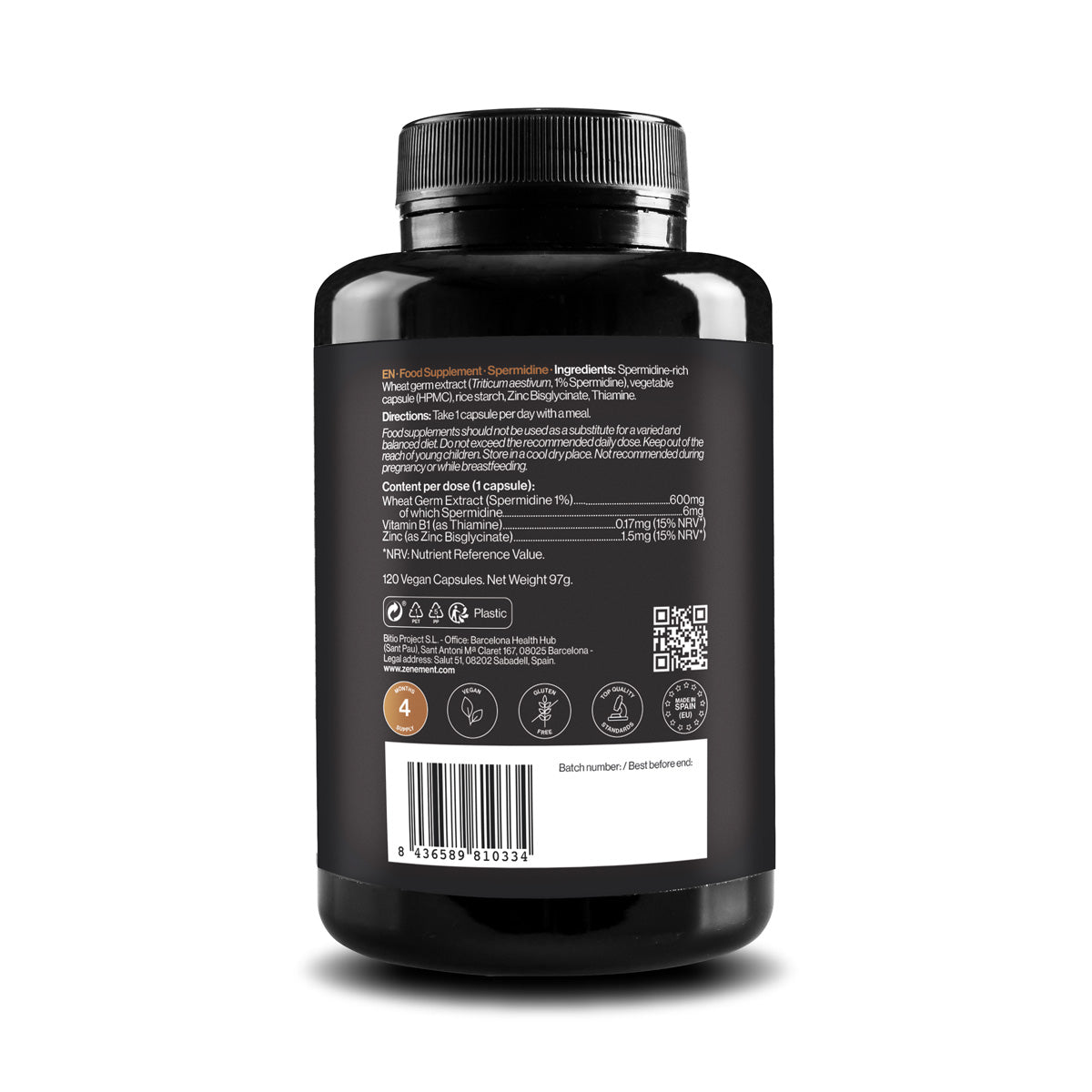 Spermidin, 6 mg, mit Vitamin B1 und Zink, Zenement, 120 vegane Kapseln