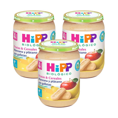 Pack of 3 Organic Apple and Banana Jars with Biscuits +4 Months HiPP 190 g