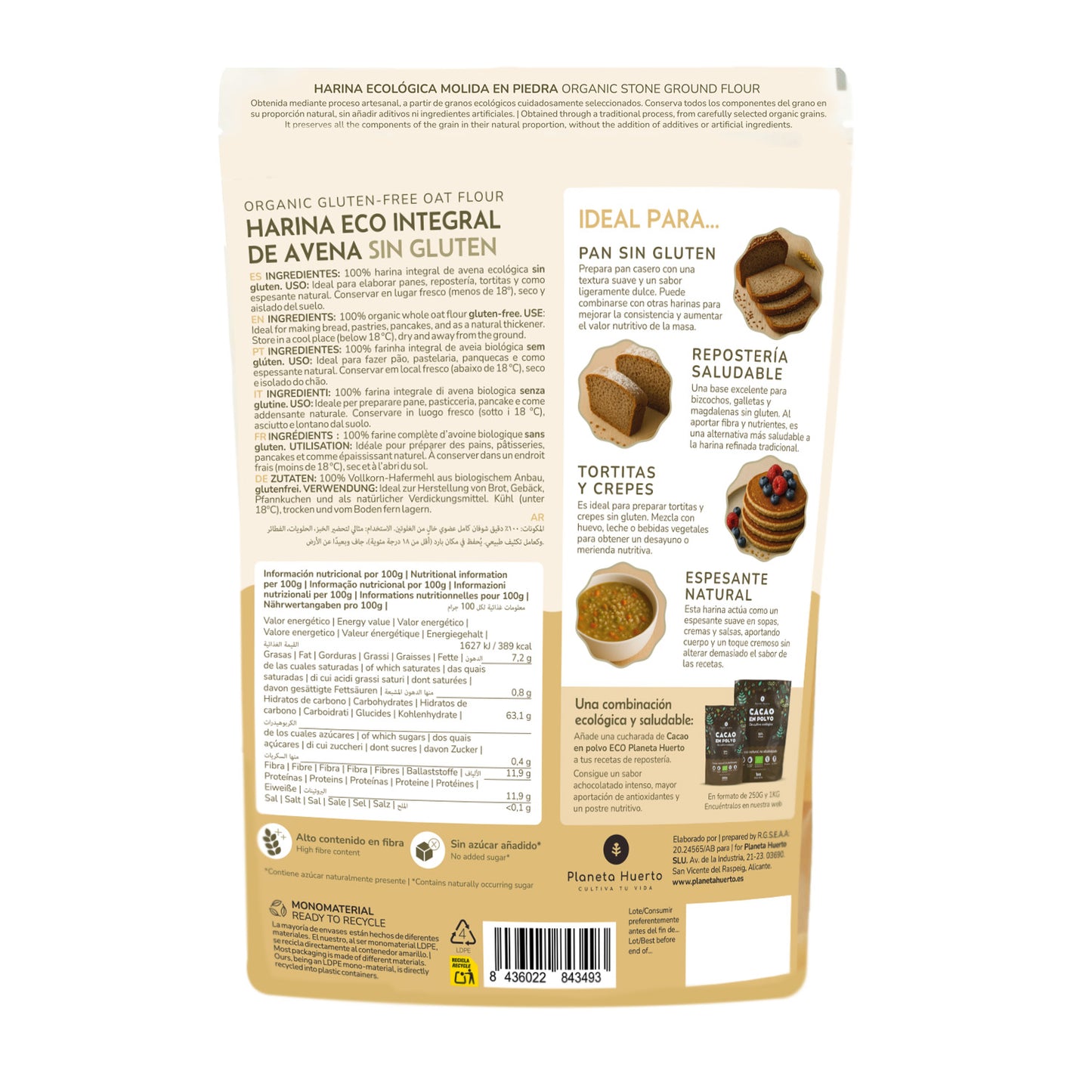 Fullkorn Glutenfri Havregryn Eco Planeta Huerto 800 g