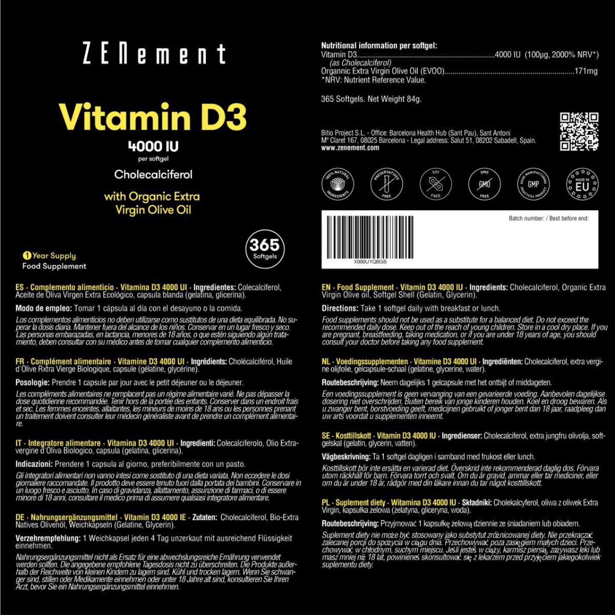 Vitamina D3 4000 UI Zenement, 365 compresse