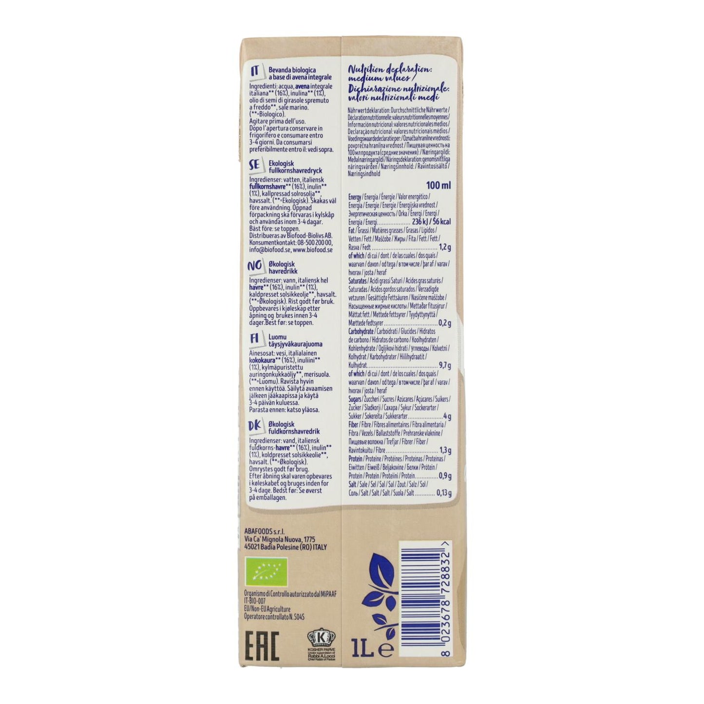 Barista BIO Isola Bio havredryck, 1 l