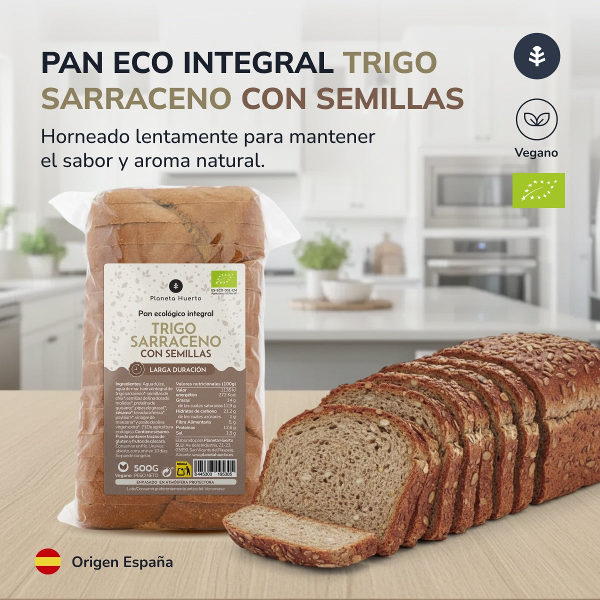 Pane integrale proteico di grano saraceno con semi ECO Planeta Huerto 500 g