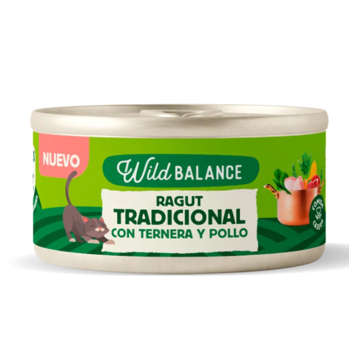 Lattina intera Ragù tradizionale di manzo e pollo per gatti Wild Balance 80 g