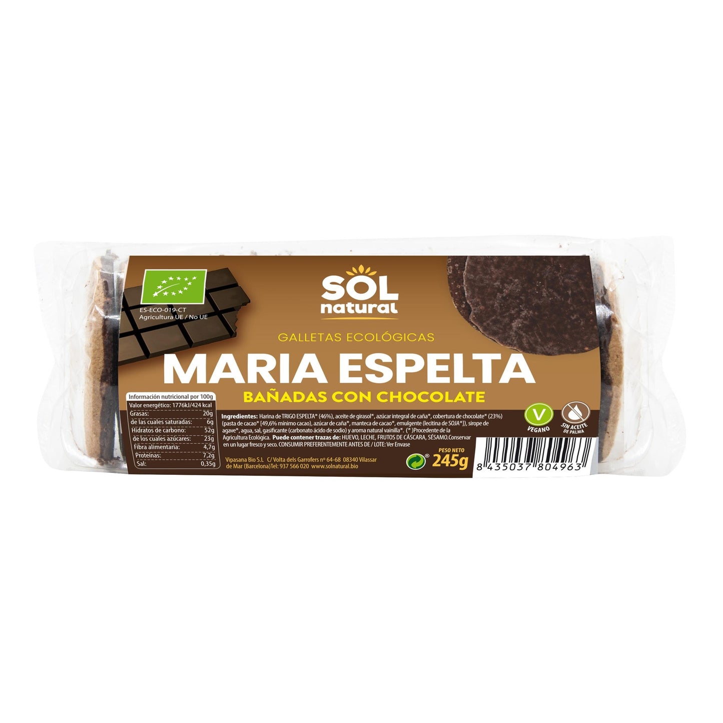 Maria Spelt Biscuits coated with Organic Chocolate Sol Natural 245 g