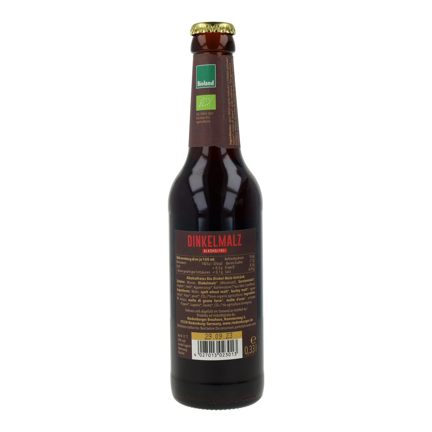 Bière de malt de blé et d'épeautre bio sans alcool Riedenburger 33 cl