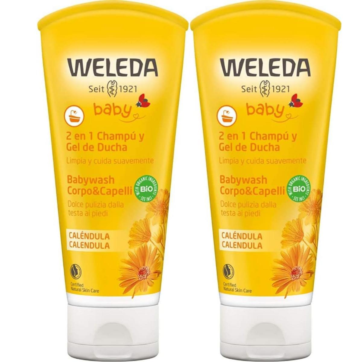 Promocyjny zestaw 2x szampon i żel pod prysznic dla niemowląt z nagietkiem Weleda 200 ml