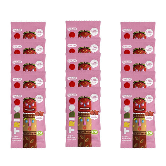 Förpackning med 15 st ekologiska jordgubbs- och äppelsnacks 25 g, Triboo