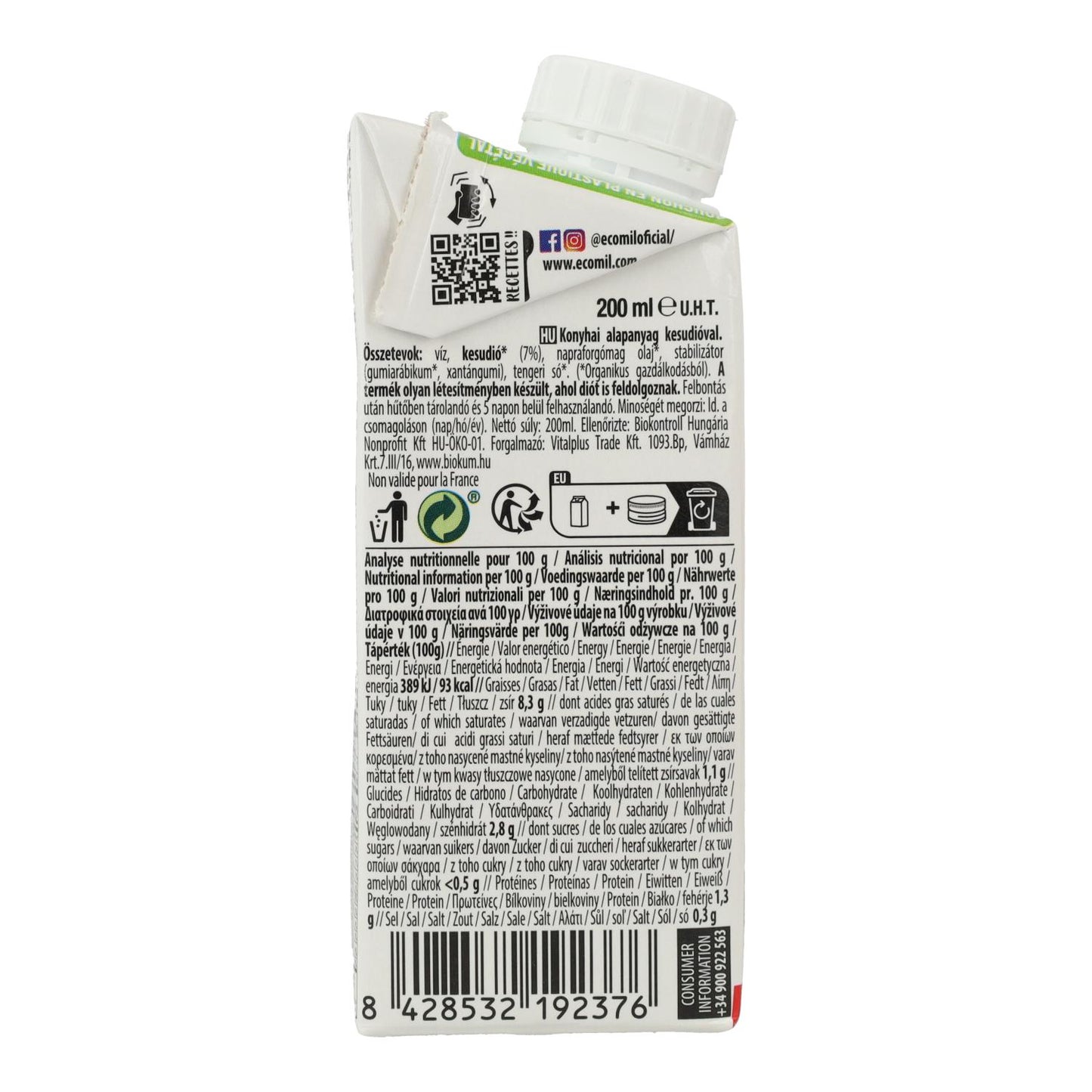 Crème végétale à la noix de cajou sans sucre Bio Cuisine Ecomil 200 ml