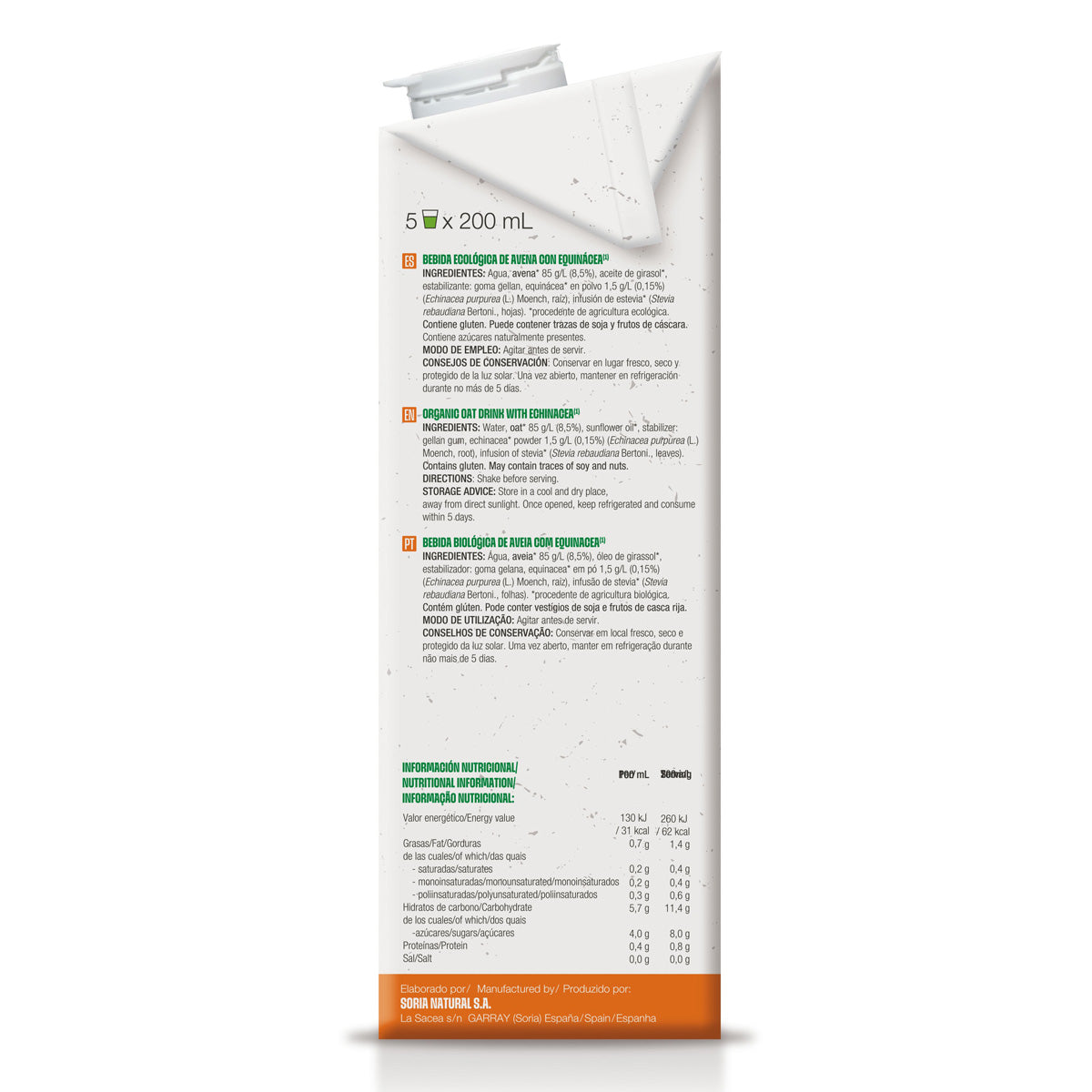 Bevanda biologica all'avena con echinacea, Soria Natural, 1 L