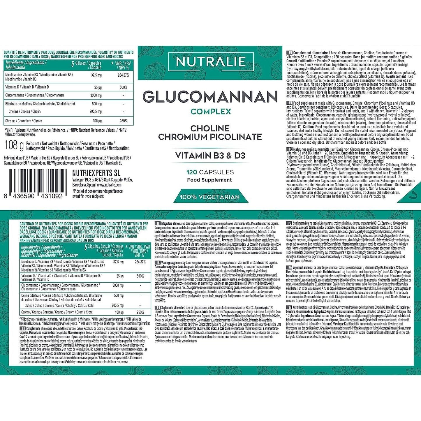 Nutralie Glucomannano con colina + B3 + D3 Perdita di peso 120 capsule