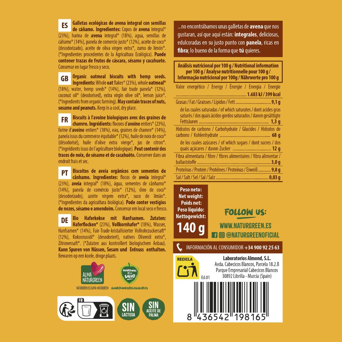 Pełnoziarniste ciastka owsiane z konopiami Bio NaturGreen 140 g