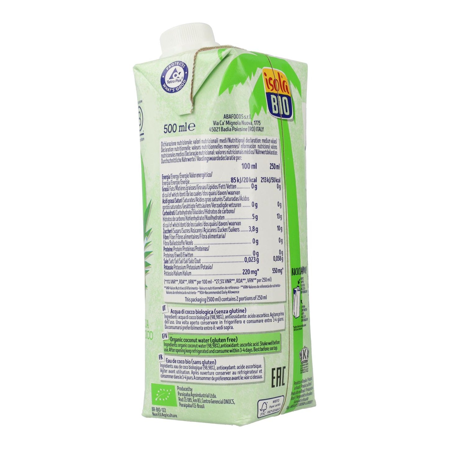Confezione da 6 bottiglie di acqua di cocco biologica Isola Bio 500 ml