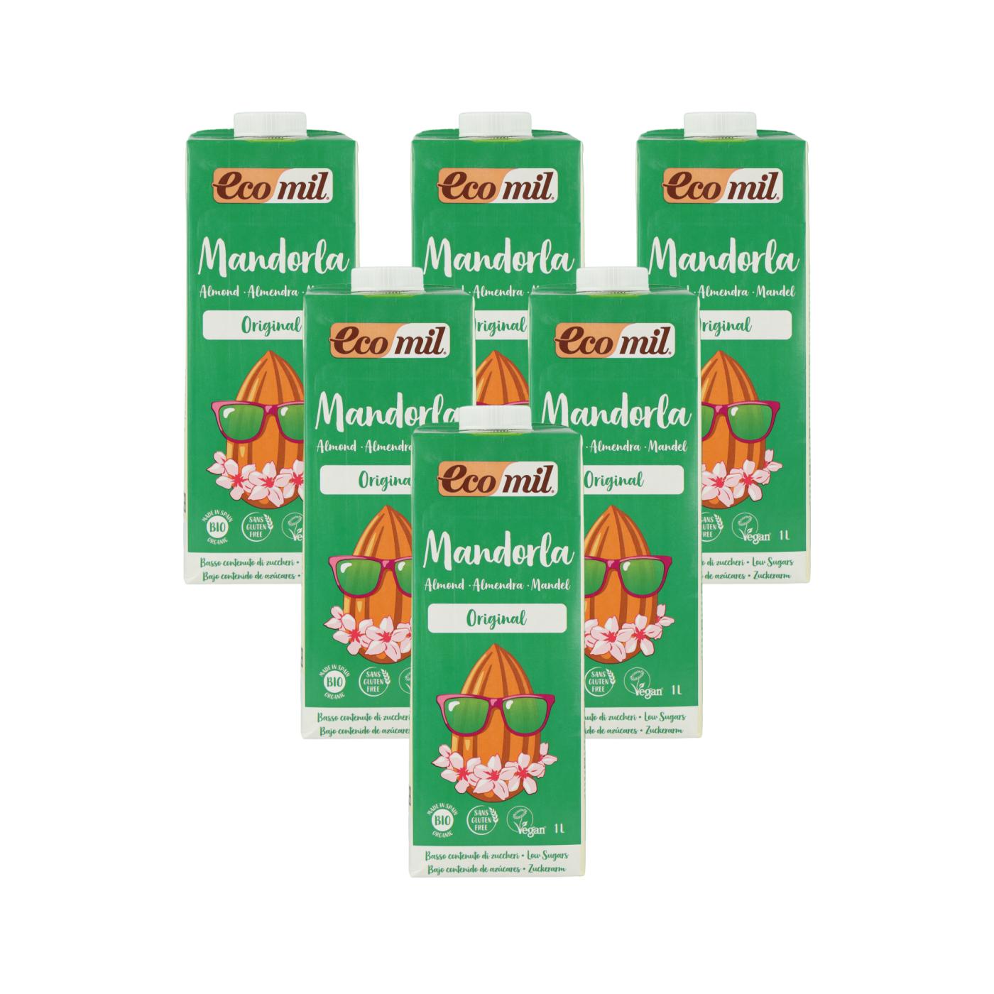 Lot de 6 bouteilles de boisson bio EcoMil aux amandes, sucrée au sirop d'agave, 1 L