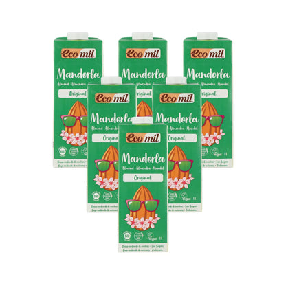 Lot de 6 bouteilles de boisson bio EcoMil aux amandes, sucrée au sirop d'agave, 1 L