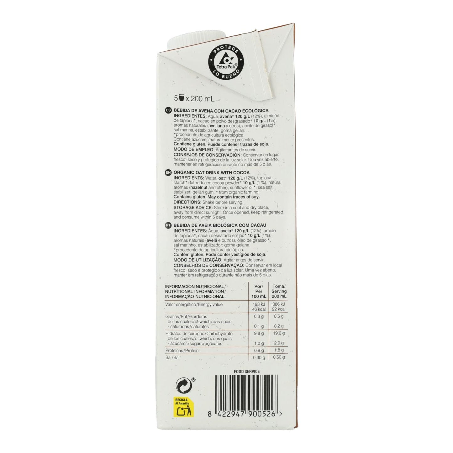 Lot de 6 x Soria Boisson à l'avoine bio naturelle au cacao 1L