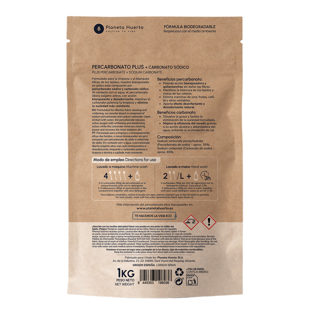 Percarbonate Plus blanchissant spécial pour le linge Planeta Huerto 1 kg