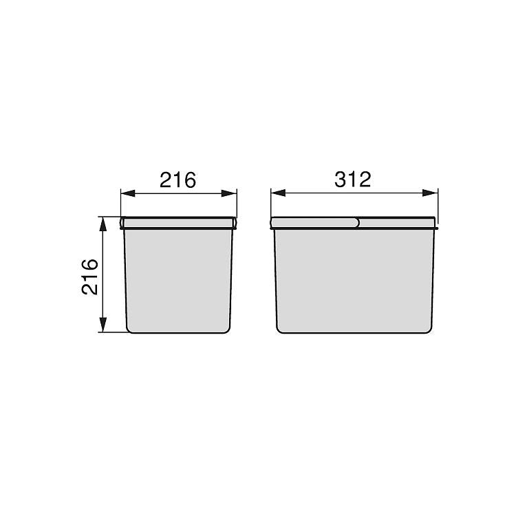 Recycle kitchen drawer containers, height 216, 2x12, anthracite grey plastic Emuca 2 units x 12 L