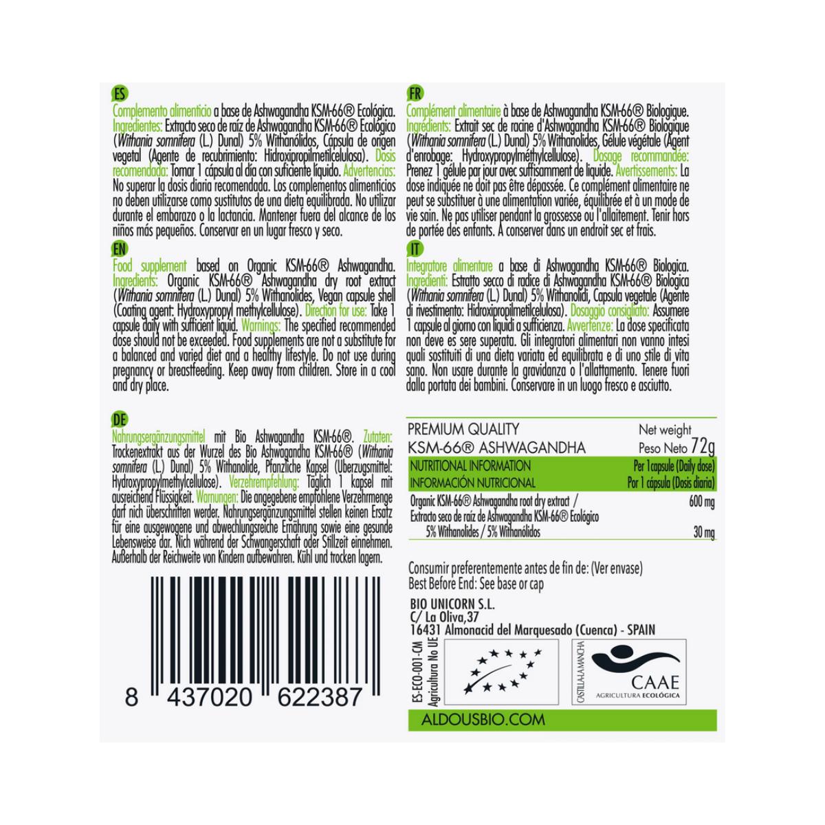 ASHWAGANDHA KSM66, 100 kapsułek Aldous Bio