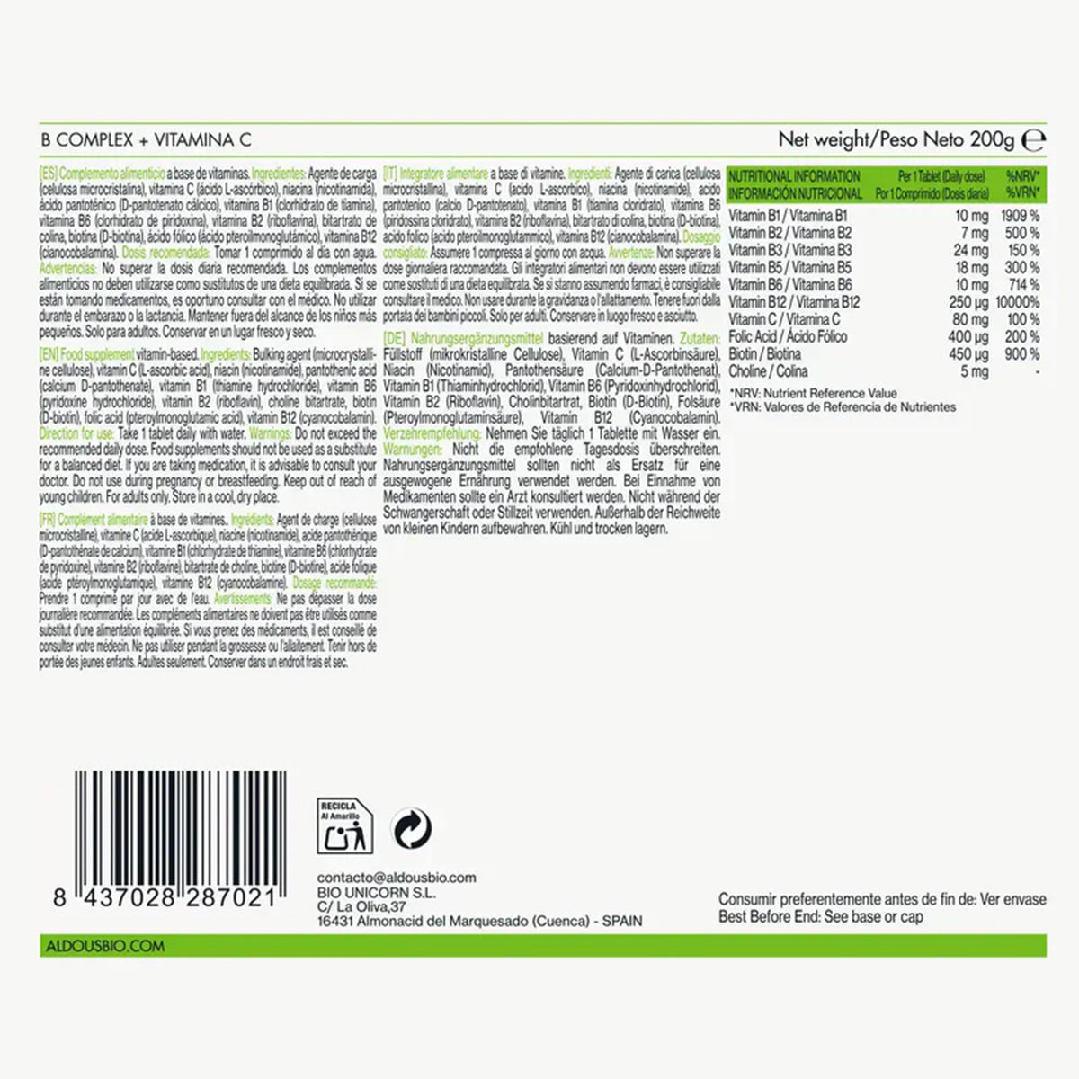 Kompleks witamin z grupy B + witamina C Aldous 400 tabletek