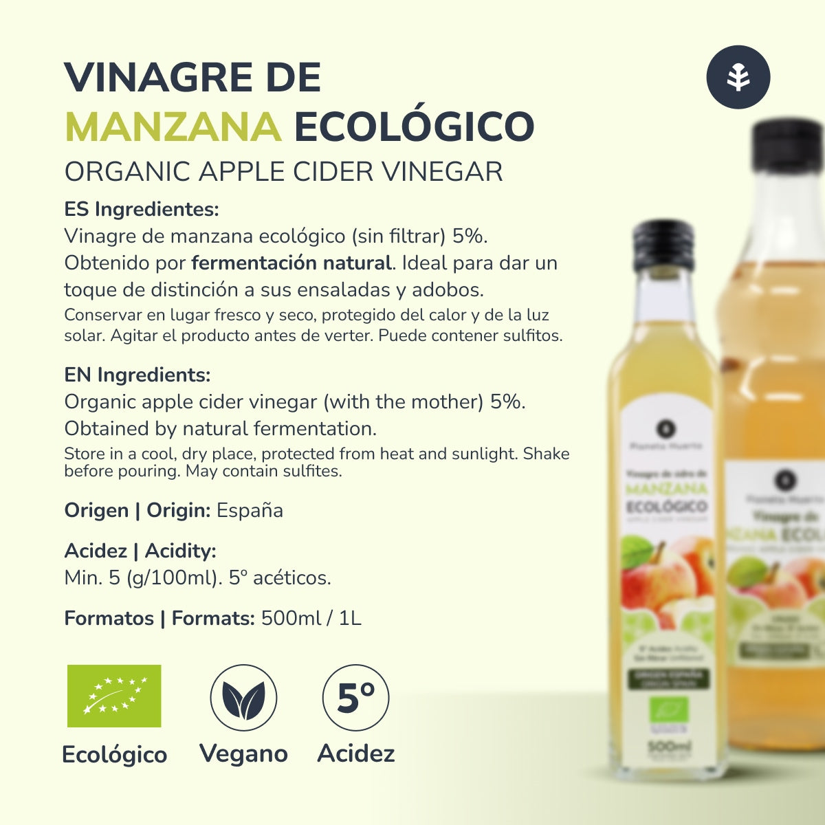 Pack 3 x Vinaigre de pomme ECO brut non filtré avec la mère Planeta Huerto 1 L