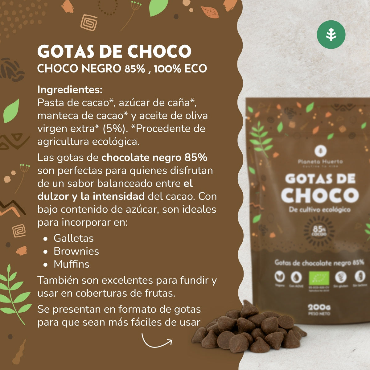 Gouttes de chocolat 85% de cacao ECO Planeta Huerto 200 g