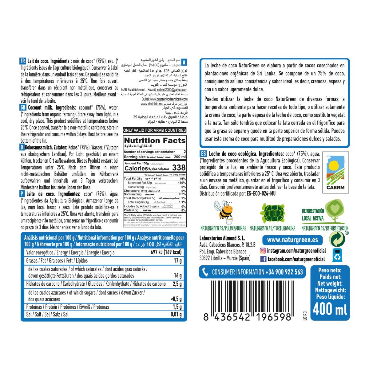 6-pack ekologisk kokosmjölk NaturGreen 400 g