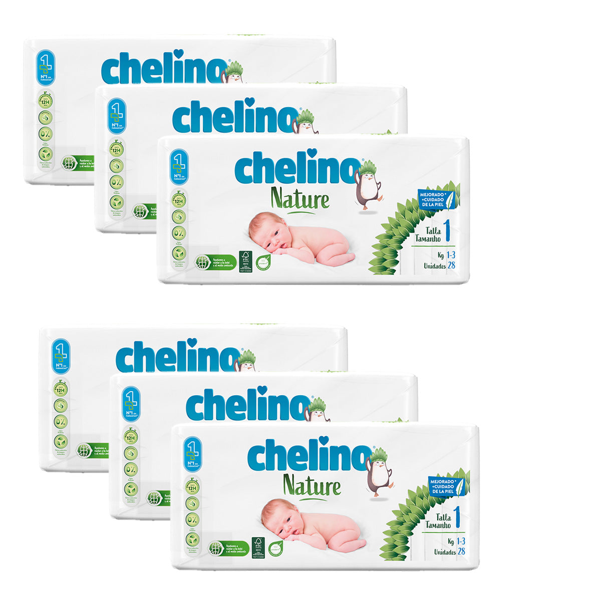 Pack 6 couches T1 1-3 kg Chelino Nature 28 unités