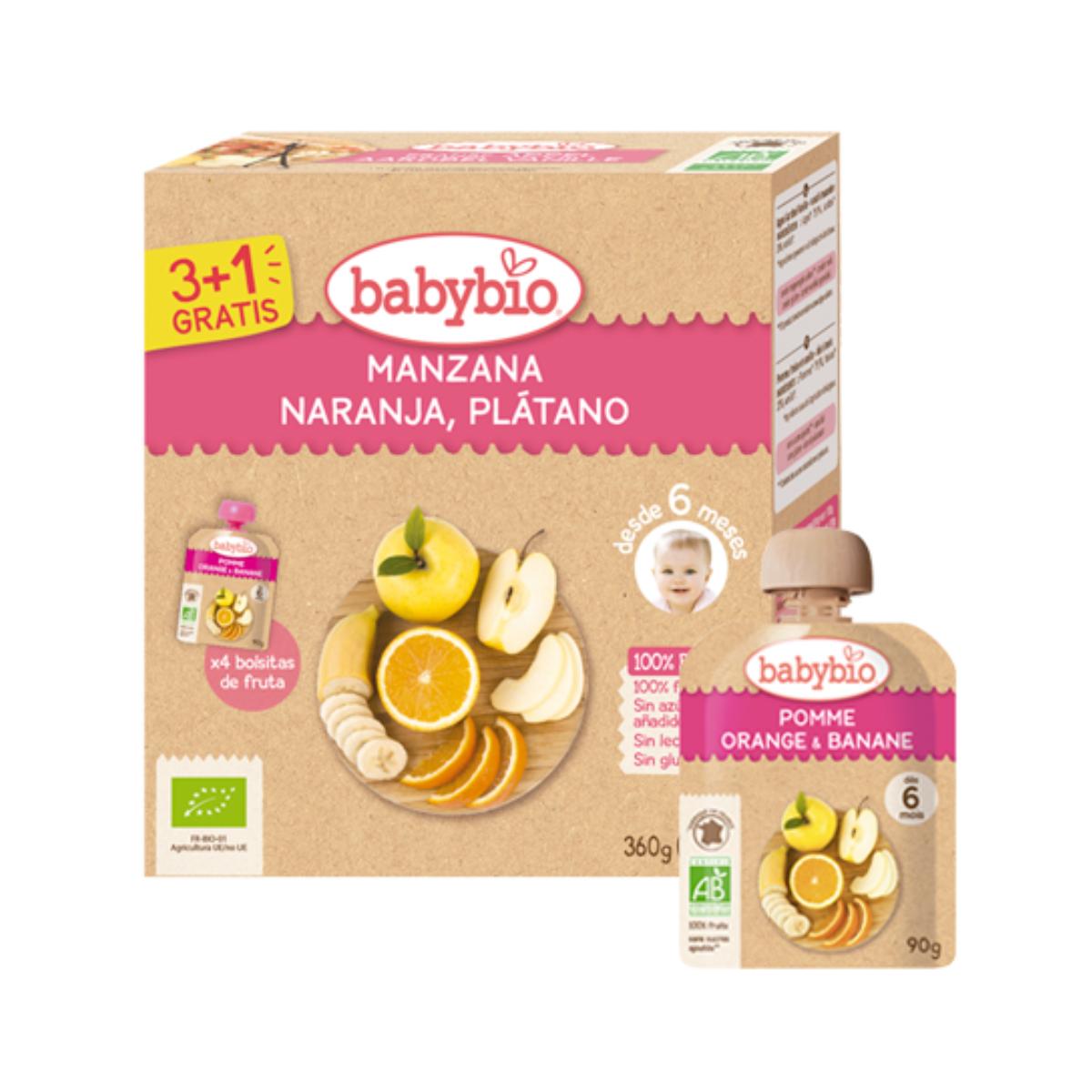 Pouch Manzana, Naranja y Plátano Bio BabyBio 4 uds de 90g