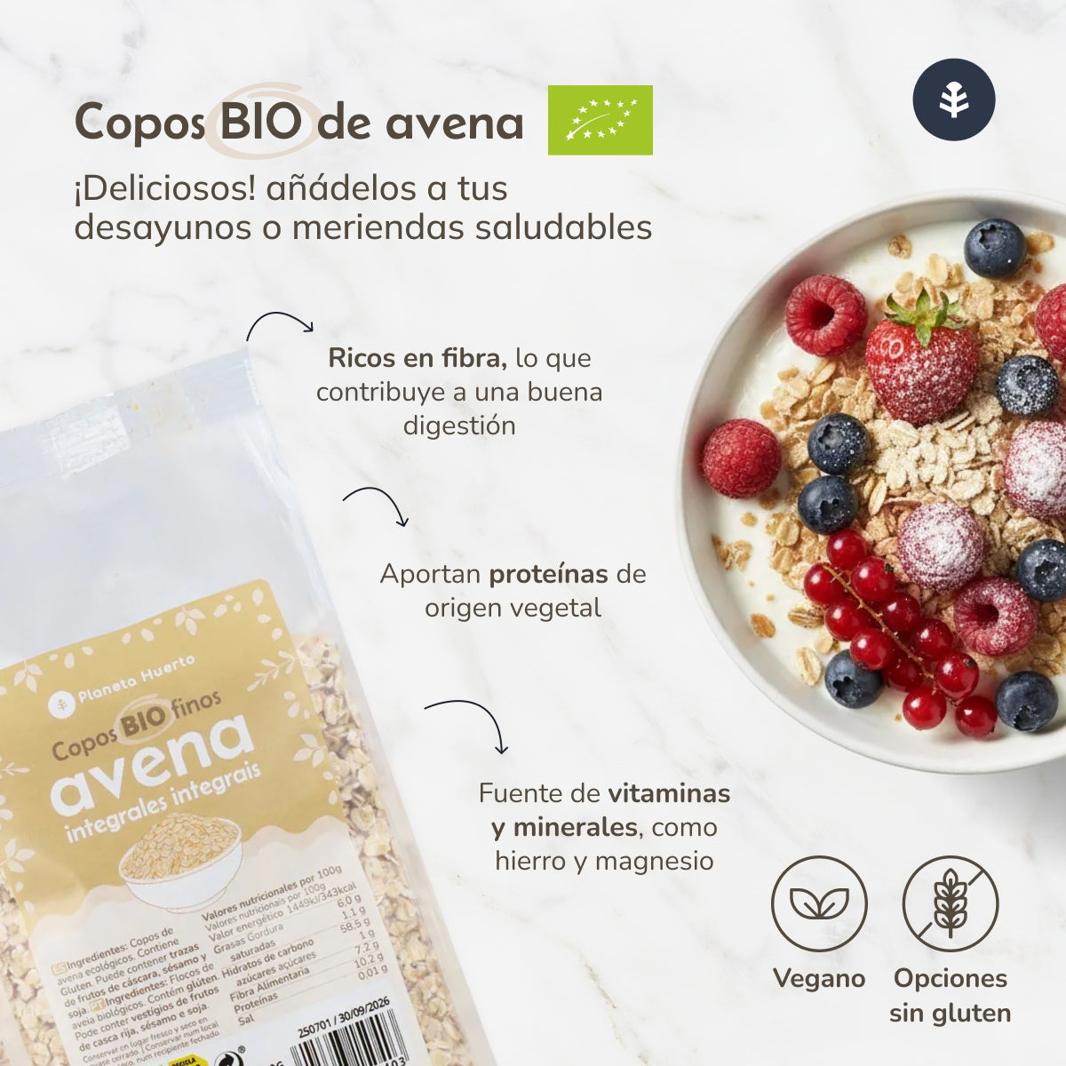 Confezione da 4 fiocchi d'avena sottili senza glutine ECO Planeta Huerto 1,5 kg