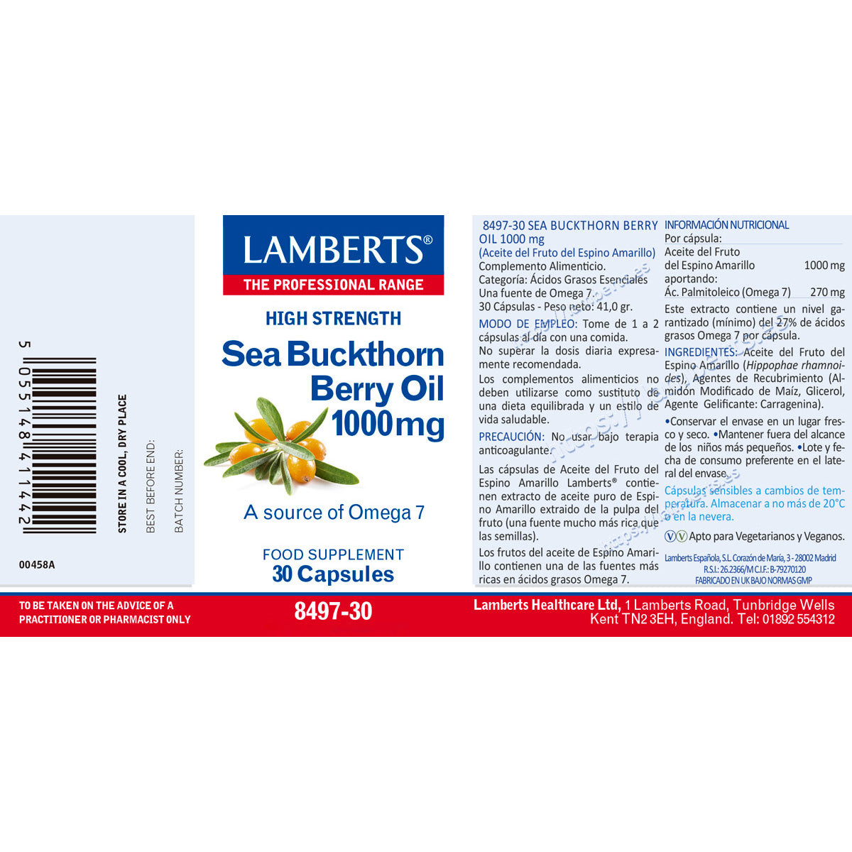 Olja från havtornsfrukt 1000 mg rik på Omega 7, Lamberts, 30 kapslar