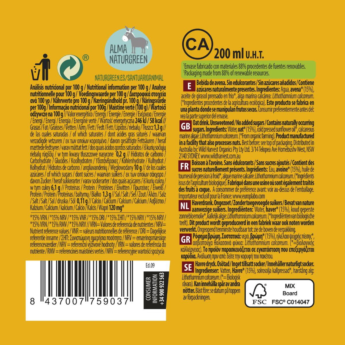 Boisson à l'avoine sans sucres ajoutés NaturGreen 200 ml