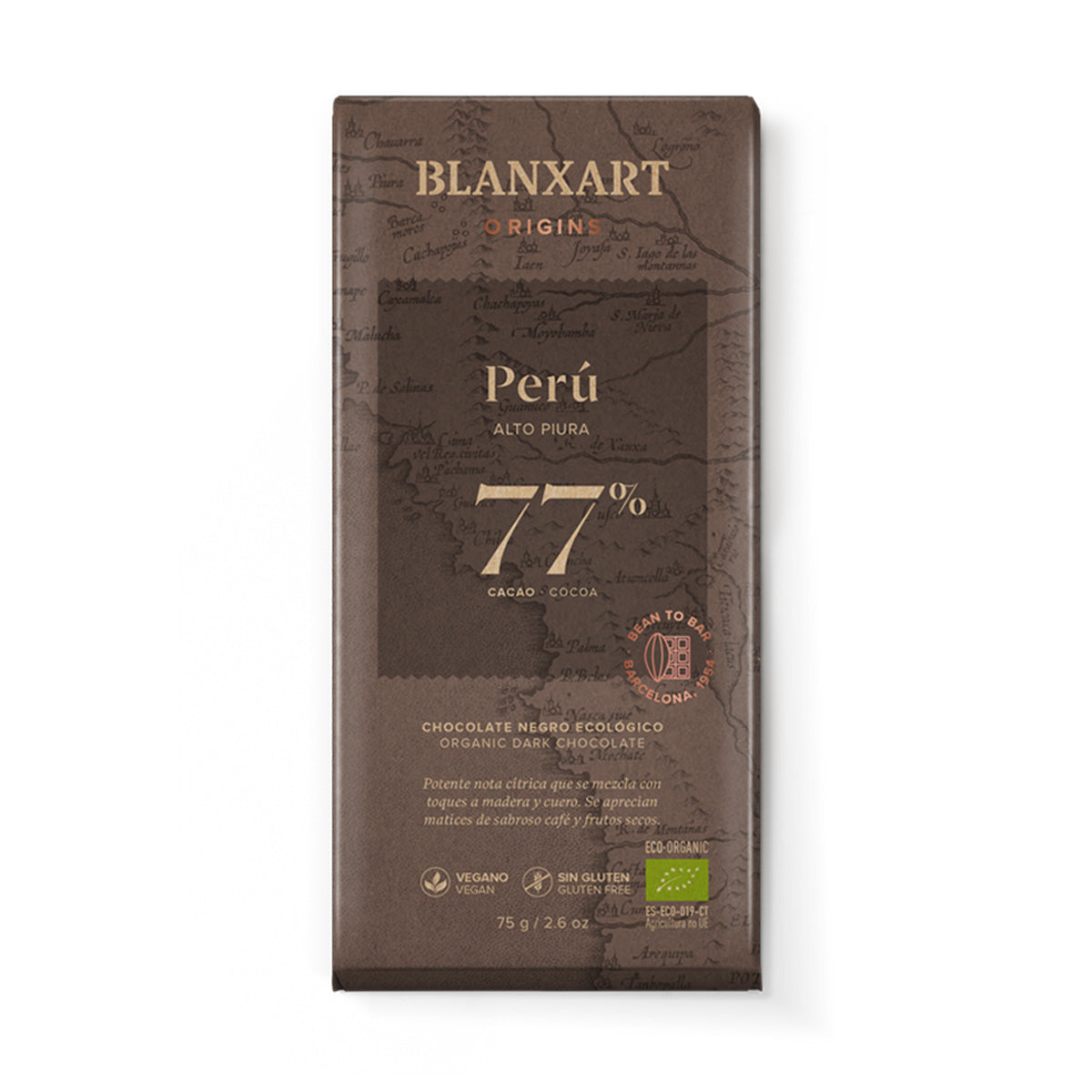 Chocolate Negro 77% Perú Eco Vegano Sin gluten Blanxart 75g