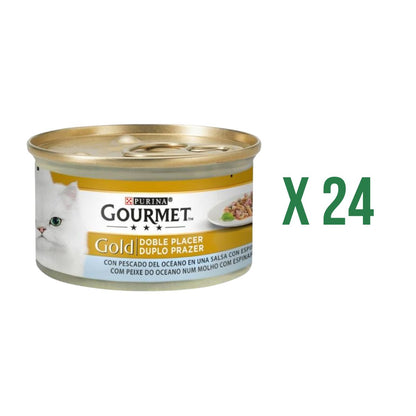 Pakket 24 x GOURMET GOLD Dubbel Genot Vis uit de Oceaan & Spinazie Natvoer 85 g