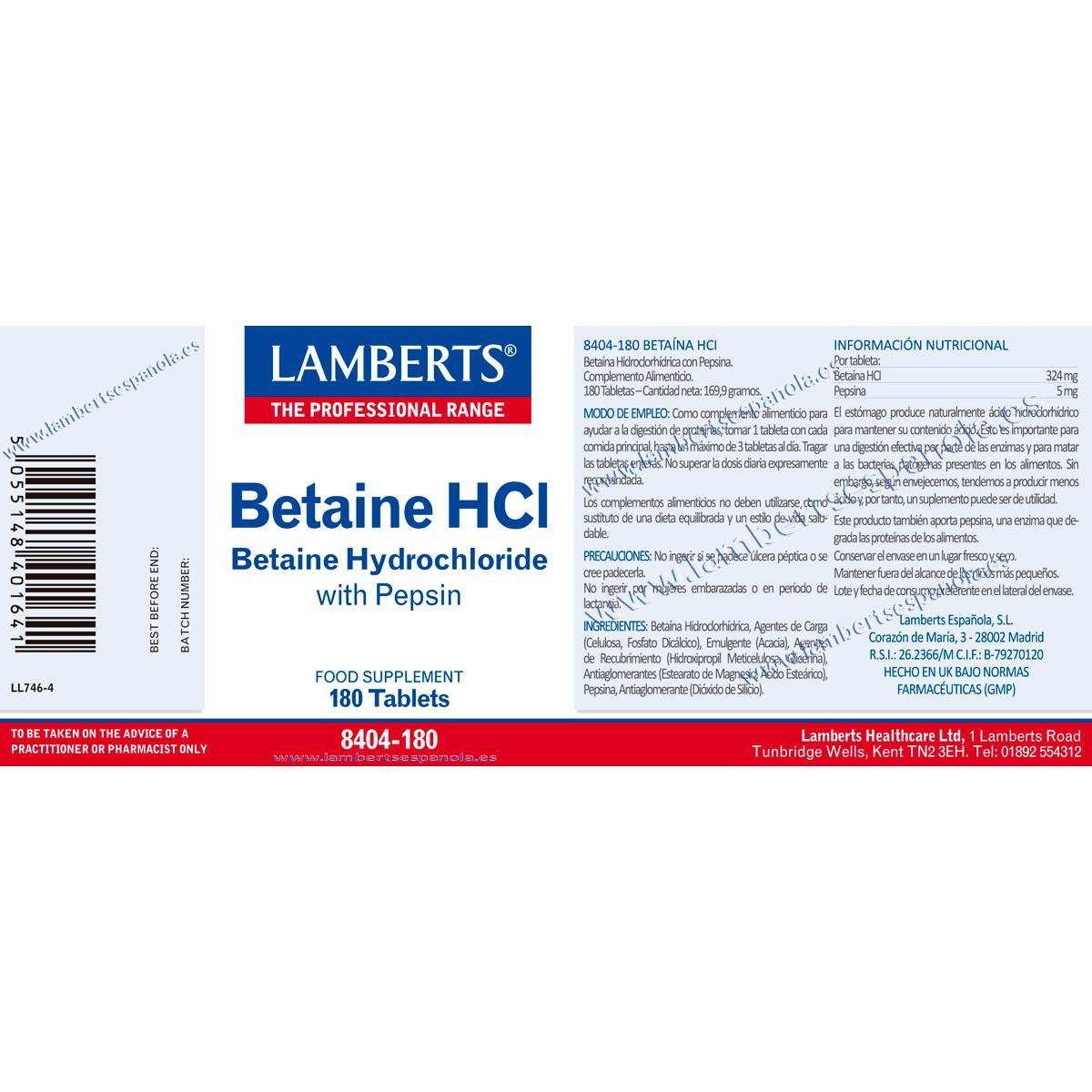 Betaïne HCl 324 mg/Pepsine 5 mg Lamberts, 180 tabletten